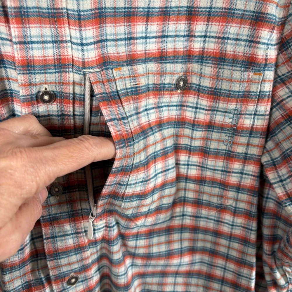 Orvis Active Fit Flannel Shirt Men's S Orange Teal Plaid Utility Gorpcore Rugged - Picture 5 of 9